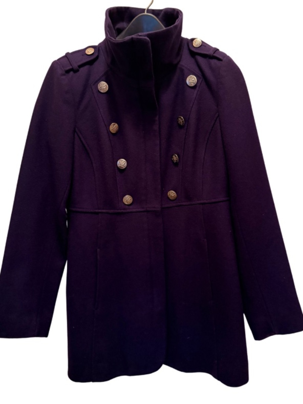 Guess Double-Breasted Peacoat with Gold-Tone Buttons in Dark Purple
